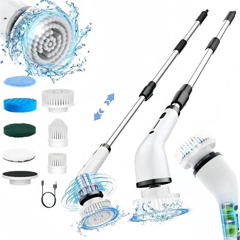 Cordless Electric Spin Scrubber - Household Items Room Gadgets Tools and Gadgets with 8 Replaceable Brush Heads, 3-Length Extendable Handle, Dual Speed, IPX7 Waterproof LED Display, USB-C, for Bathroom Bathtub Cleaning, Kitchen, Wireless