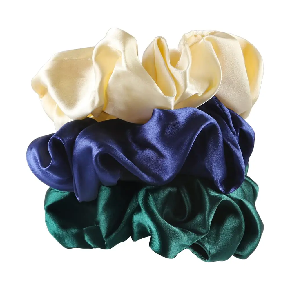 Large Silk Hair Scrunchies for Women and Girls, 3 Pack (Yellow, Green, Blue) | Easier care than silk hair scrunchies, as soft as silk, no hair pulling & indentation, versatile matching your hair style