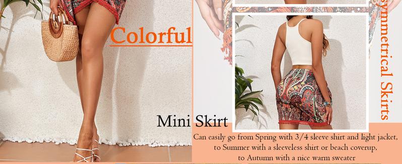 ZAFUL Slit Skirt for Women Boho Print Tie Side Wrap Tassel Casual Beach Mini Skirt