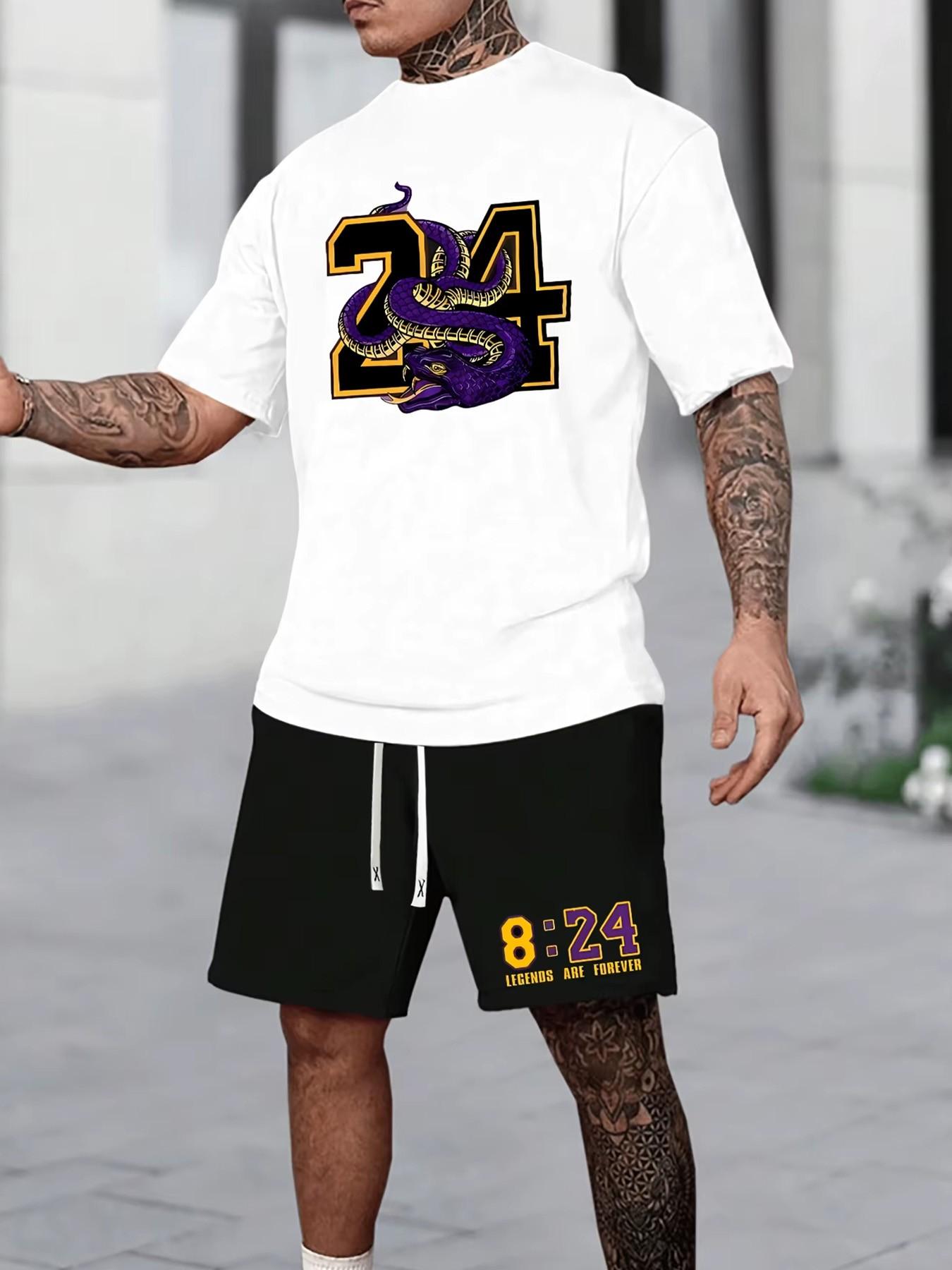 Men's Summer 2-Piece Set: Mamba Mentality 8:24 Graphic T-Shirt & Drawstring Shorts - Vintage Basketball Streetwear (Perfect for Gym & Casual Wear) - "Legends Are Forever" Edition