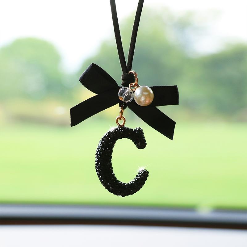 Fashion Bow Car Pendant, Letter Design Rearview Mirror Decoration, Perfect Gift for Holidays & Birthdays, Elegant Auto Accessory, Girly Car Accessories