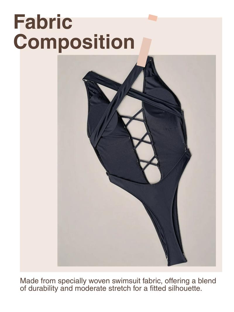 Women's Solid Cross Cut Out One-piece Swimsuit, Casual Fashion Chic Swimwear for Beach Holiday Vacation, Ladies Swimsuit for All Seasons, Sleeveless Swimsuit