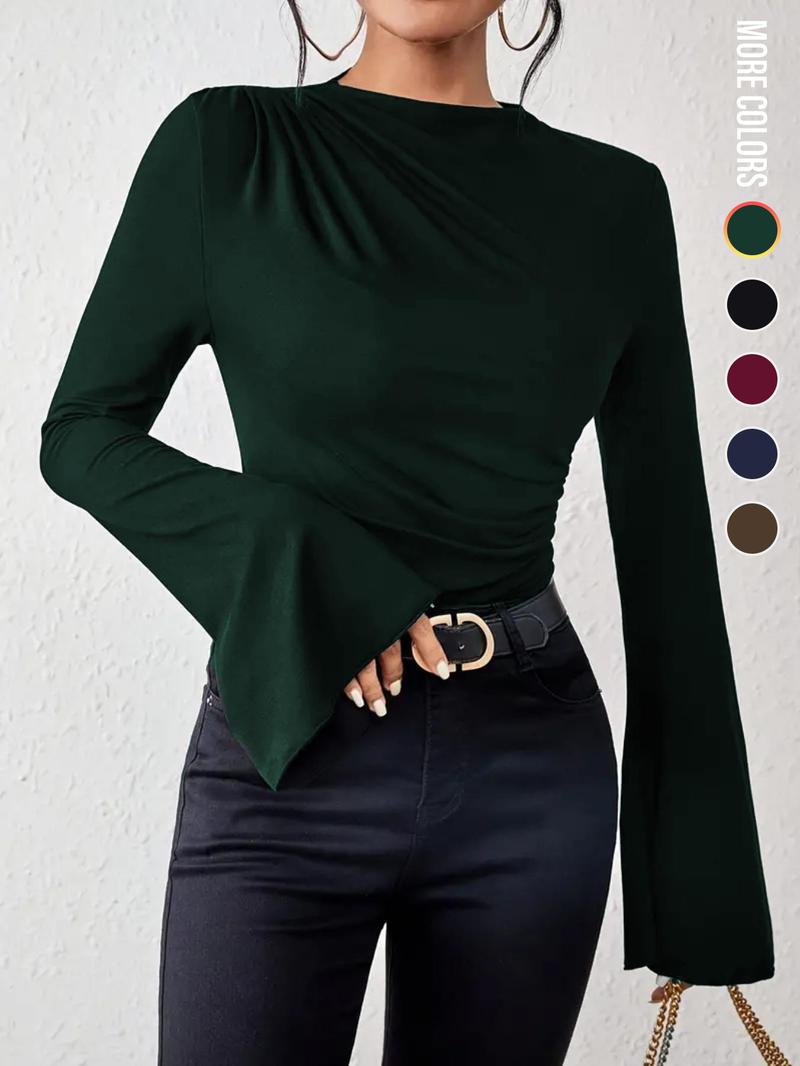 Women's Plain Ruched Flounce Sleeve Tee, Elegant Long Sleeve Stand Collar T-Shirt for Spring & Fall, Womenswear, Women's Top for Daily Wear