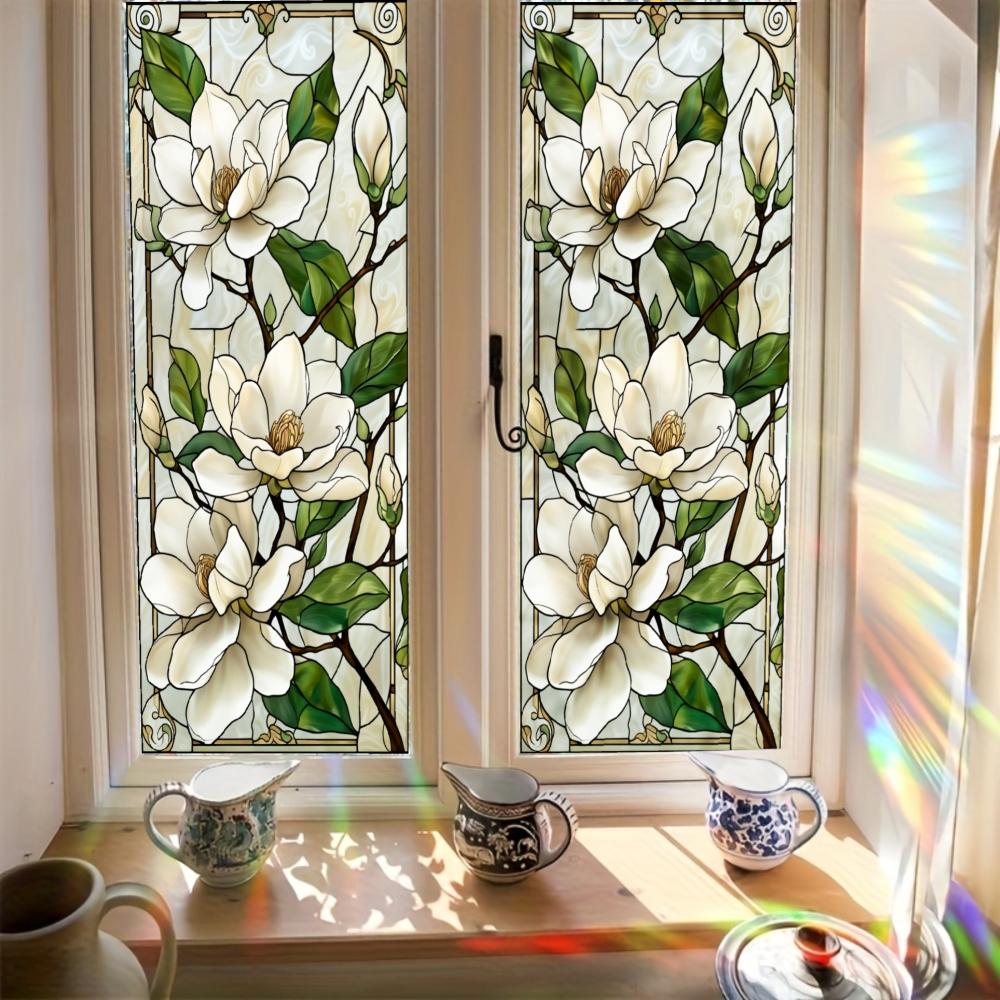 2D Flat Static Cling Magnolia Flower Pattern Rectangular Ornament For Window And Door Decor Removable Flower Window Clings