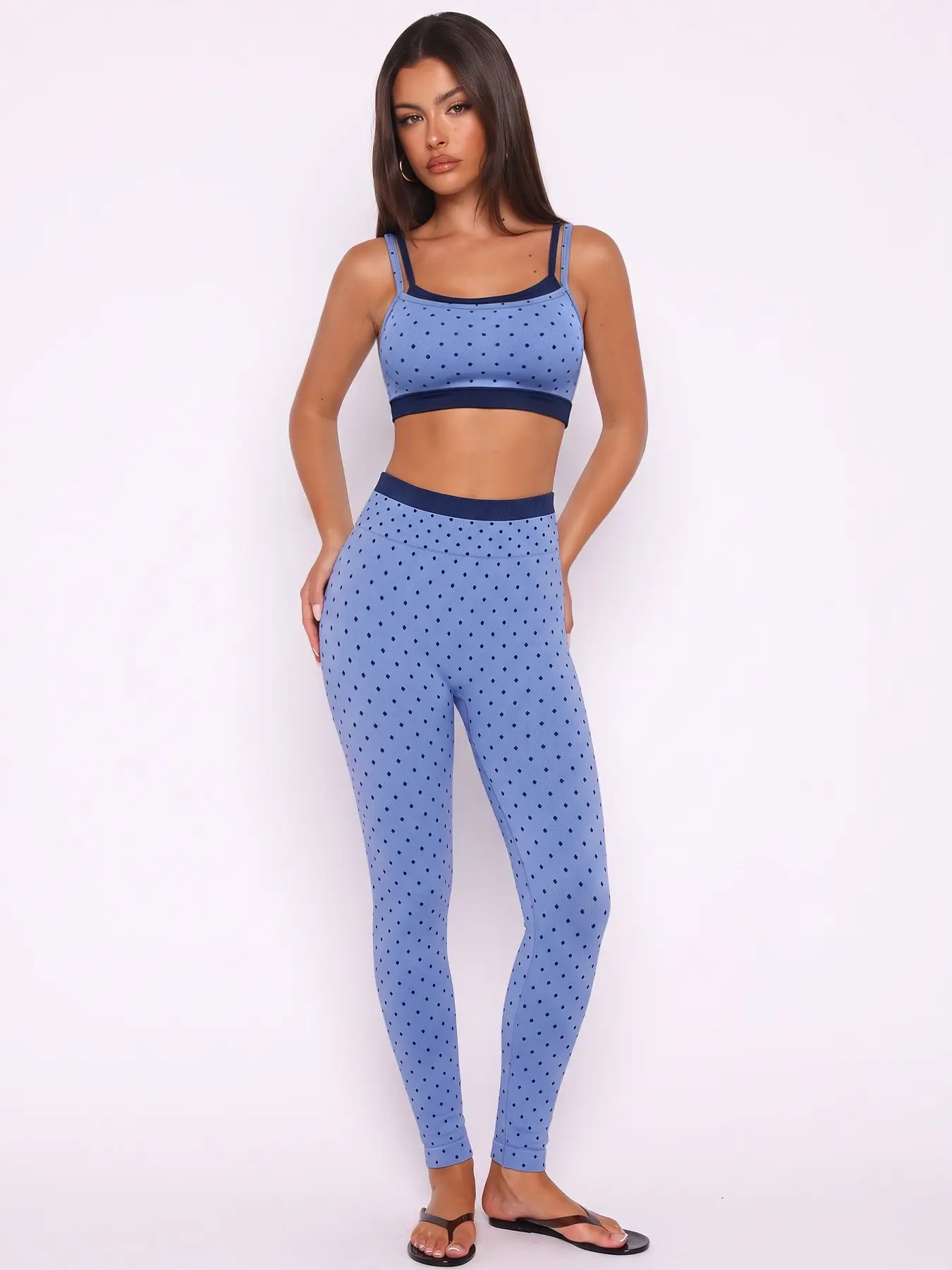 Women's Polka Dot 2 Piece Workout Outfit, Double Strap Fake Two-Piece Sports Bra with Fixed Cup & High Waist Yoga Leggings Set, Quick Dry Athletic Gym Activewear