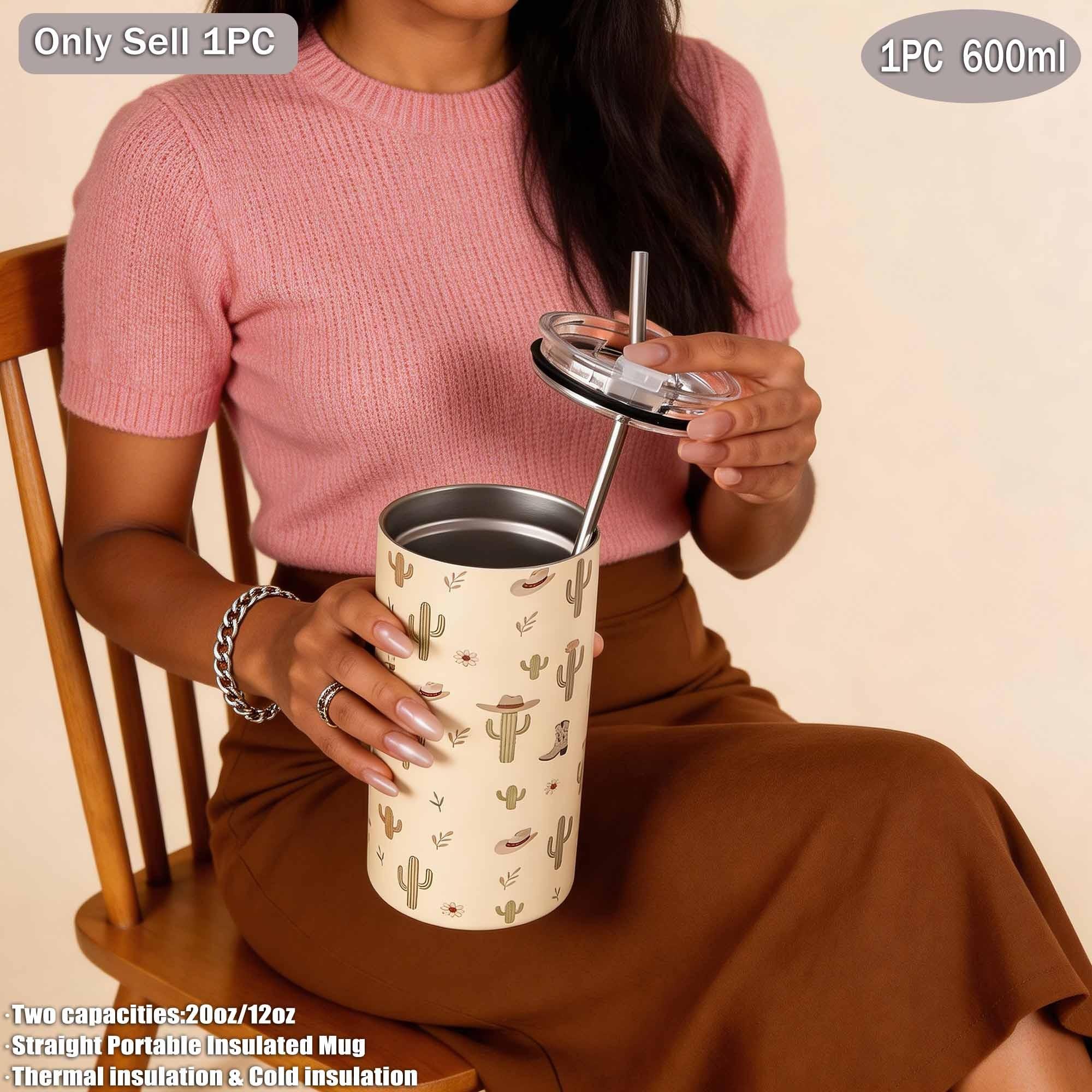 Cactus Pattern Dual-Layer Stainless Steel Insulated Cup, 360ML-600ML, Vacuum Bottle, Travel Mug, Gift for Holidays and Birthdays