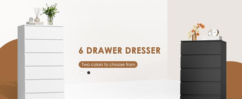 White Dresser, 6 Drawer Dresser, Modern Tall Floor Storage Cabinet with Metal Sliding Rail, Wooden Handleless Drawer Cabinet, 6-Layer Large Capacity Vertical Dressers for Home & Office