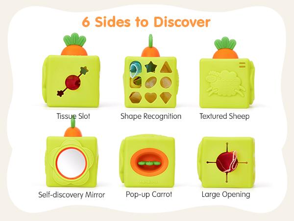 hahaland Baby Tissue Box Toy - Easter Basket Stuffers, with Bunny Teether Carrot Silicone Baby Toys 6-12 Months Montessori Learning Educational Toy Infant Toy 6-in-1 Soft Busy Activity Cube with Scarves, Crinkle, Textures, Mirror Gift for Babies