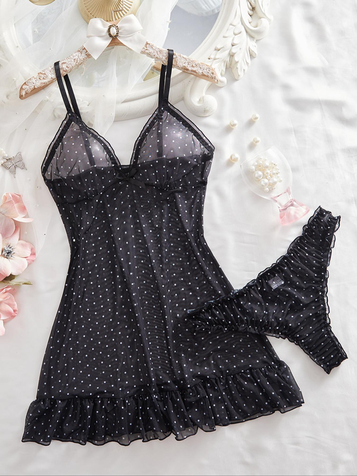 Women's Elegant Polka Dot Sleepwear Set, Lightweight Knit Fabric, Soft Touch, Half-Transparent Effect, Classic Bow, All Seasons