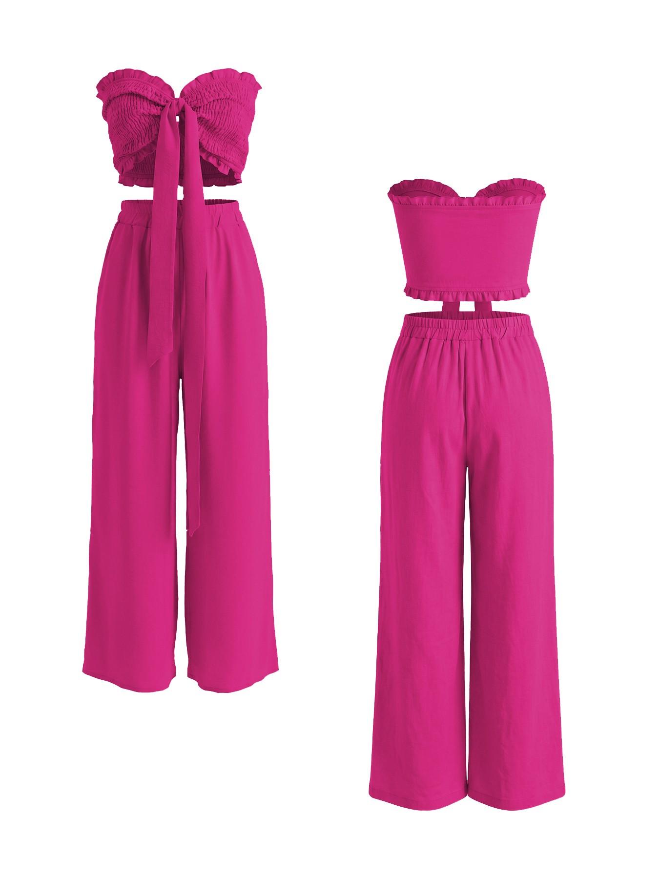 Women's 2-Piece Vacation Set, Fit, Strapless Top with Tie-Up Design, High-Waisted Wide-Leg Pants, Perfect for Beach Parties, Womenswear