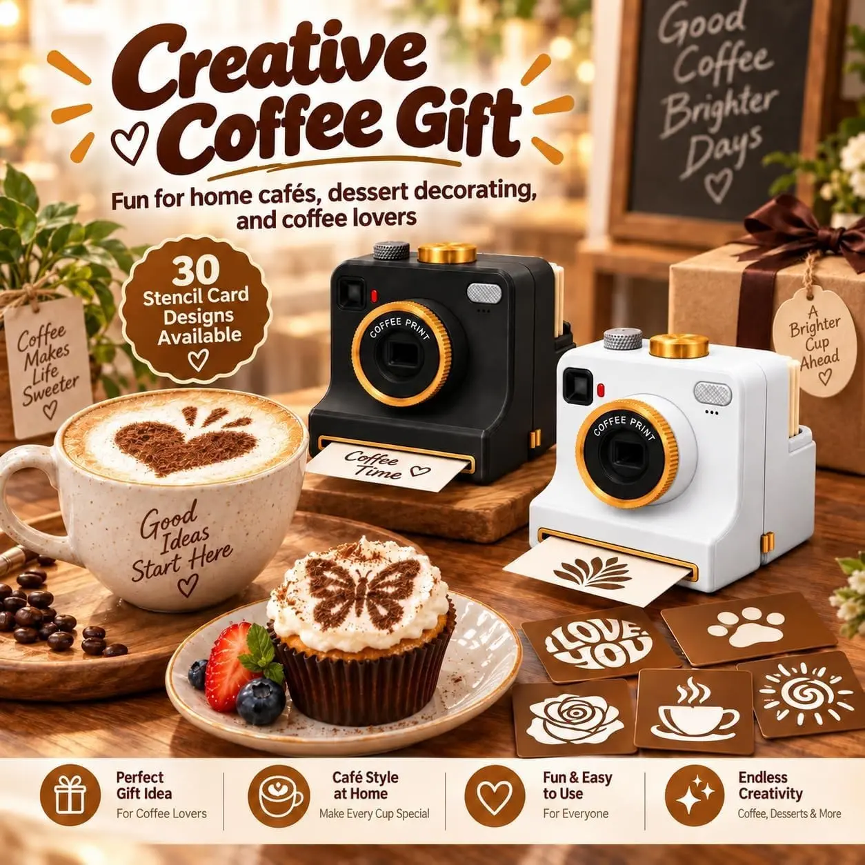 1 Set Mechanical Coffee Art Printer with 4 Interchangeable Pattern Cards, Green Camera-Style Latte Art Stencil Maker, Durable ABS Body for Coffee, Cappuccino, Desserts and Home Cafe Use