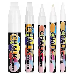 White Window Chalk Markers Pen, Liquid Chalk Markers, 5 Pack White Window Chalk Markers for Cars Glass Washable - Ideal for Use at Home, School, Office, Erasable, Dust-Free, Non-Toxic, 5 Nib Sizes (1, 3, 6, 10, 15mm)