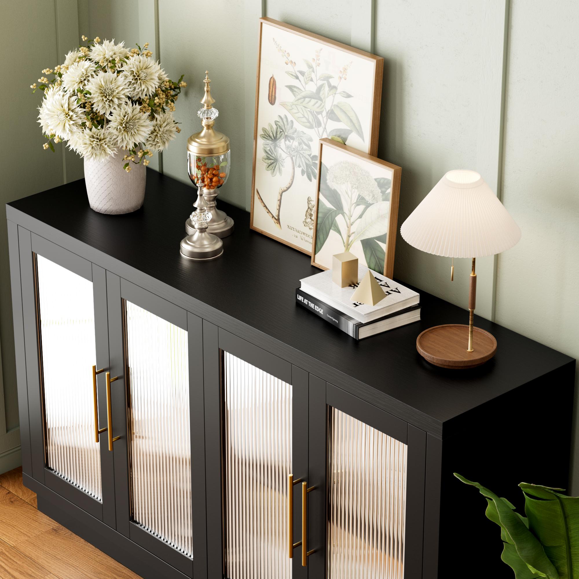 FOTOSOK Buffet Cabinet with Storage, 55.1" Large Sideboard with 4 Glass Doors, Kitchen Cabinet Buffet Table, Wood Coffee Bar Display Cabinet