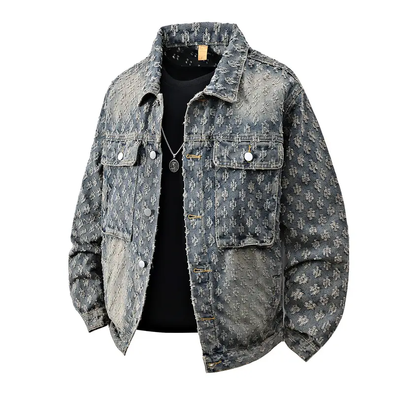 Men's Distressed Jacket Vintage Washed Long Sleeve Button Front Trucker Coat Ripped Texture Streetwear Outerwear with Chest Pockets Casual Loose Fit Urban Fashion Tops for Daily Wear Travel Weekend Party Hip Hop Retro Style Black Blue Light Blue
