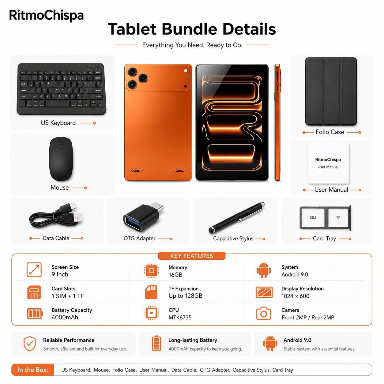 9 Inch Android Tablet, 16GB Storage, SIM & TF Card Slots, Comes with Keyboard, Mouse, Protective Case and USB Charging Cable, Portable Tablet for Study and Entertainment