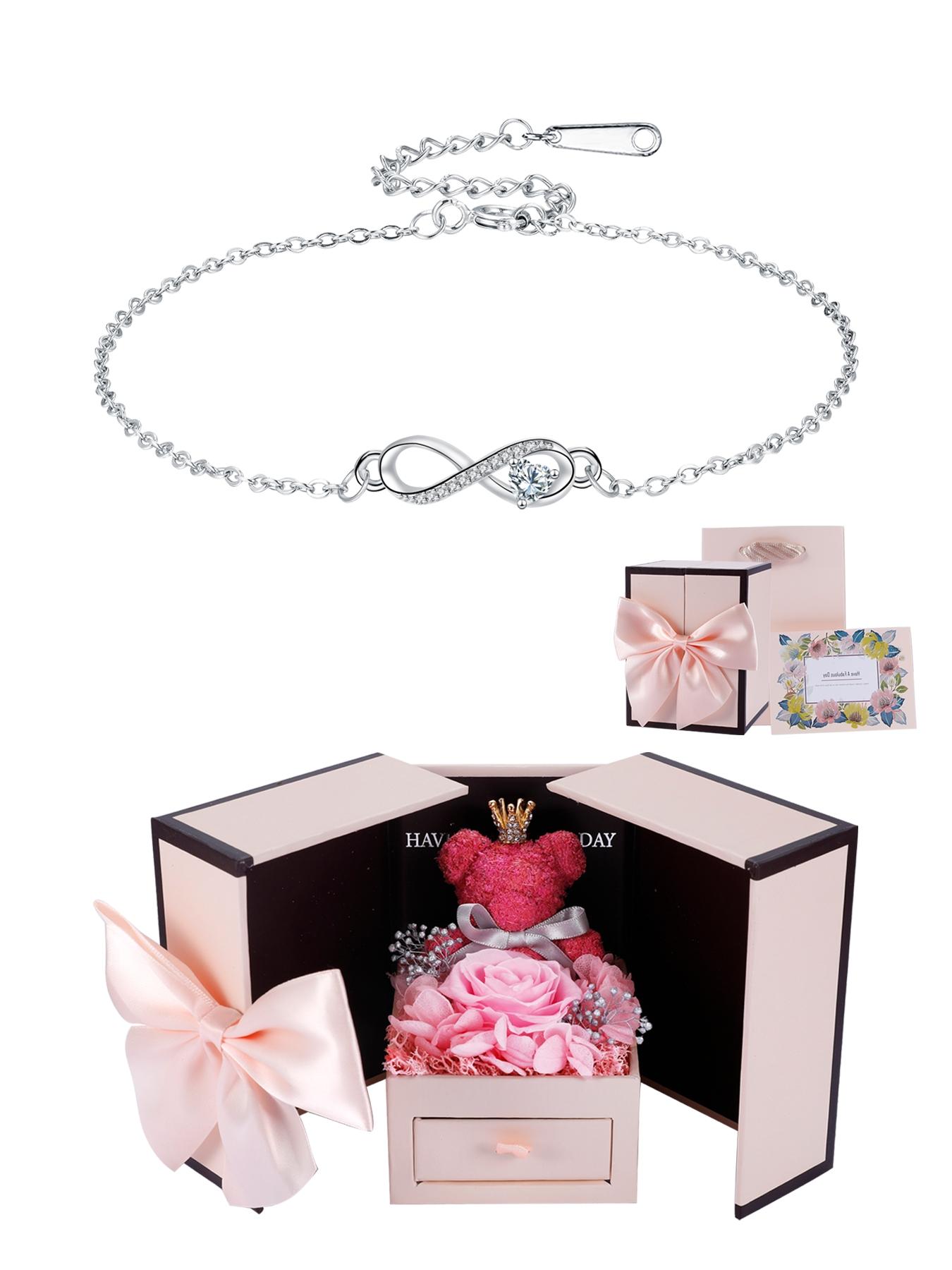 Love Heart CZ Birthstone Infinity Bracelets With Moss Bear Rose Jewelry Gift Box, Endless Love Symbol Bracelets for Women, Anniversary Birthday Christmas Jewelry Gift for Wife Mom Daughter, Heart Shaped Bracelet