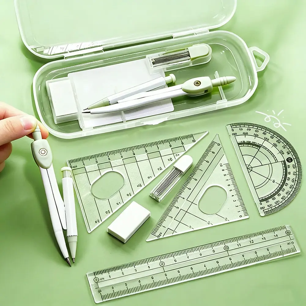 7pcs Compass Ruler Set for Elementary and Middle School Students, Exam Essential Tools, Measuring Marking Tool, Includes Protractor Straightedge Triangle Board