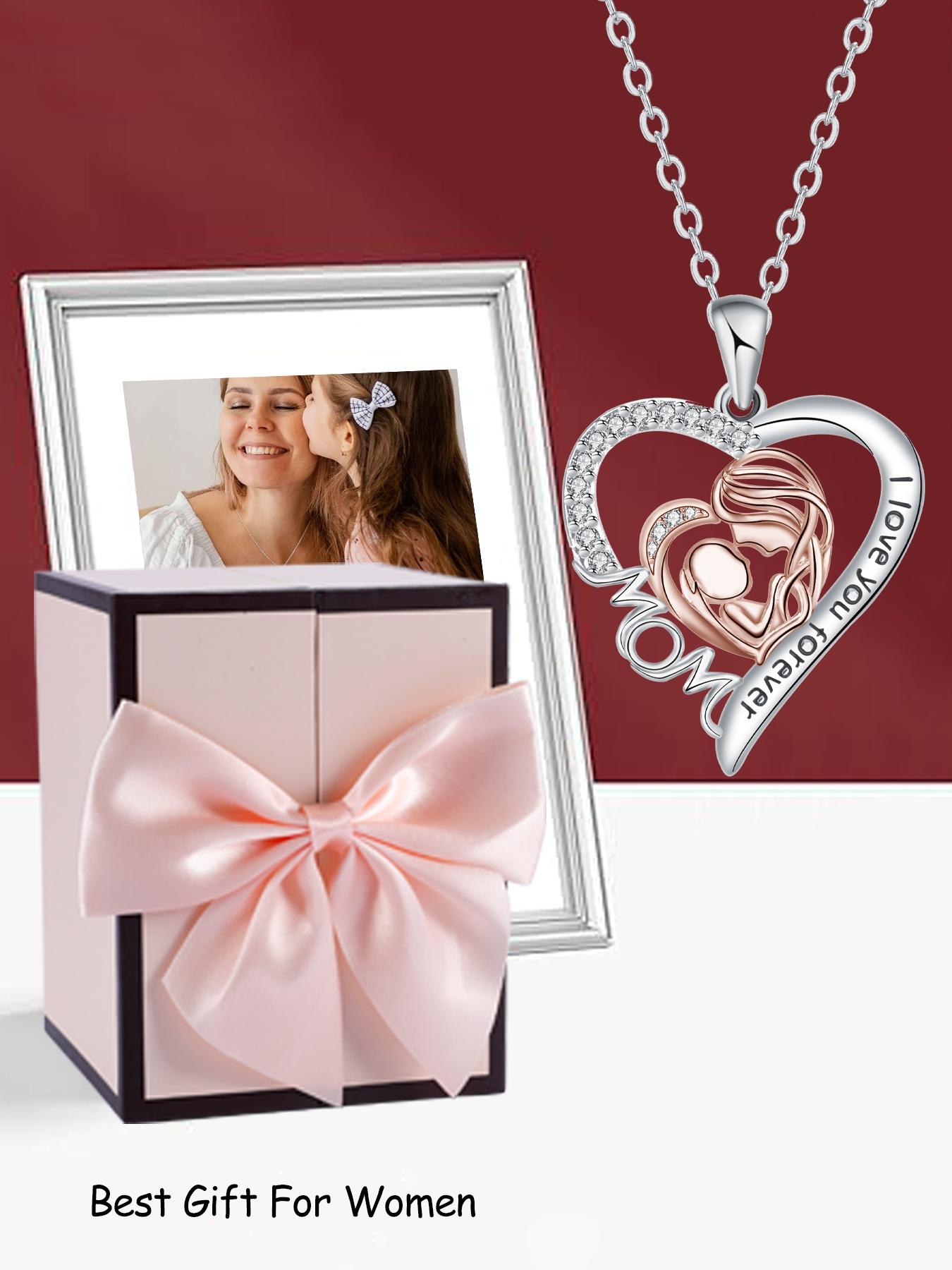 Mommy & Me Love Heart Necklace Set with Moss Bear Rose Jewelry Box, Elegant Copper Pendant Necklaces, Perfect Gift for Mother's Day Birthday Christmas