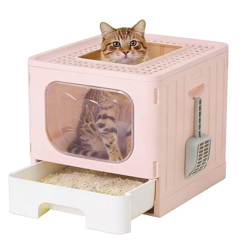 Large Foldable Covered Cat Litter Box with Drawer Design, Includes Free Cat Litter Scoop, Anti-Splashing and Odor-Locking Structure, Easy-to-Clean Pull-Out Tray, Foldable for Space-Saving Storage
