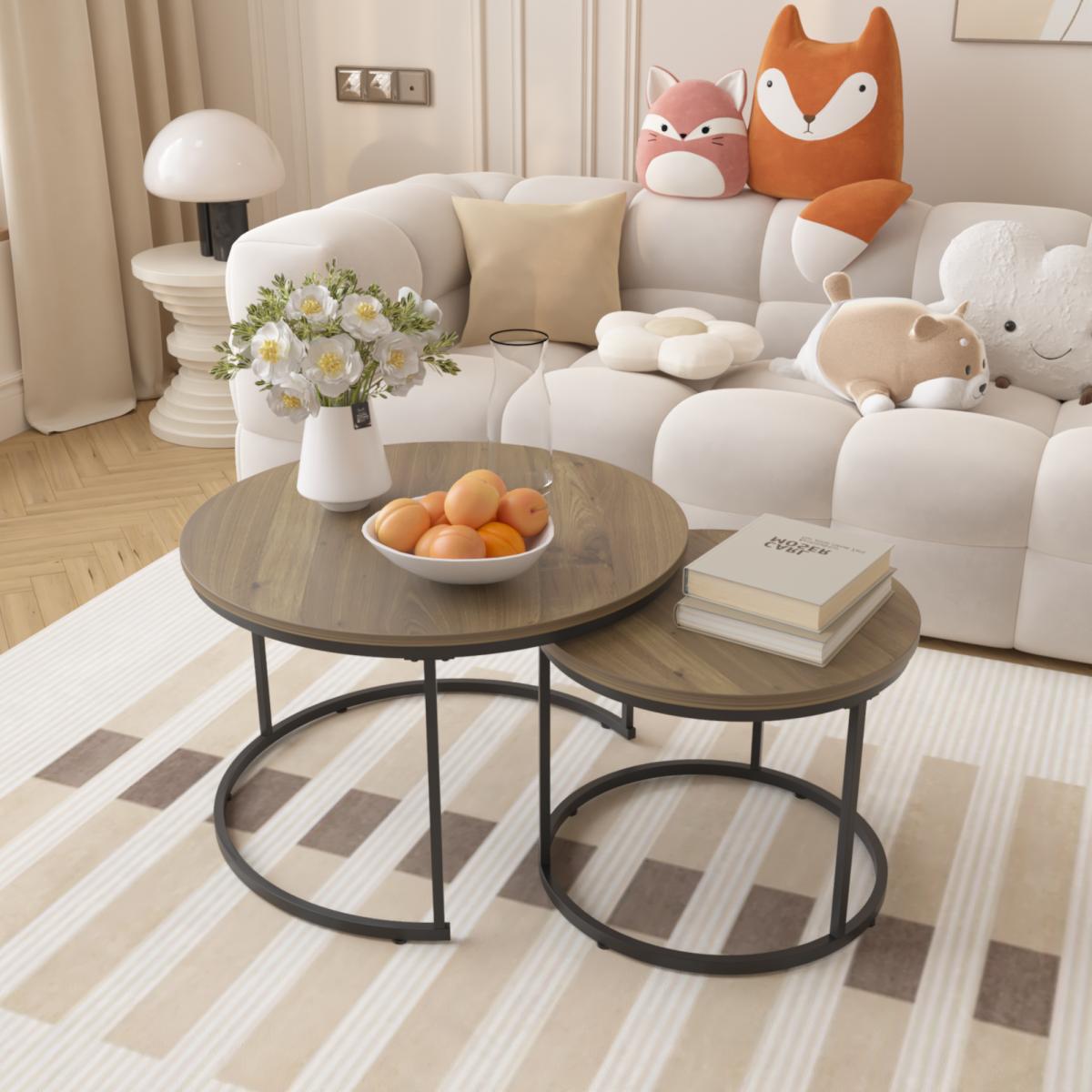 Nesting Coffee Table Set of 2, 27.6inch Round Coffee Table Wood Marble Pattern Top with Sturdy Metal Frame, End Table Side Tables for Living Room Bedroom Balcony Yard