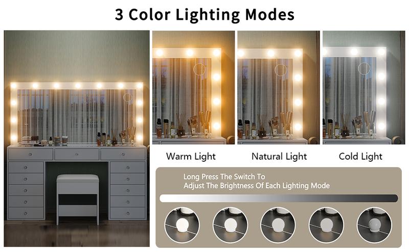 FUSOU 55"W 13 Drawers Vanity Desk, Makeup Vanity with Power Outlet, Vanity Table with Mirror and 13 LED Bulbs, 3 Color Lighting Modes, Glass Top, Dressing Table for Bedroom