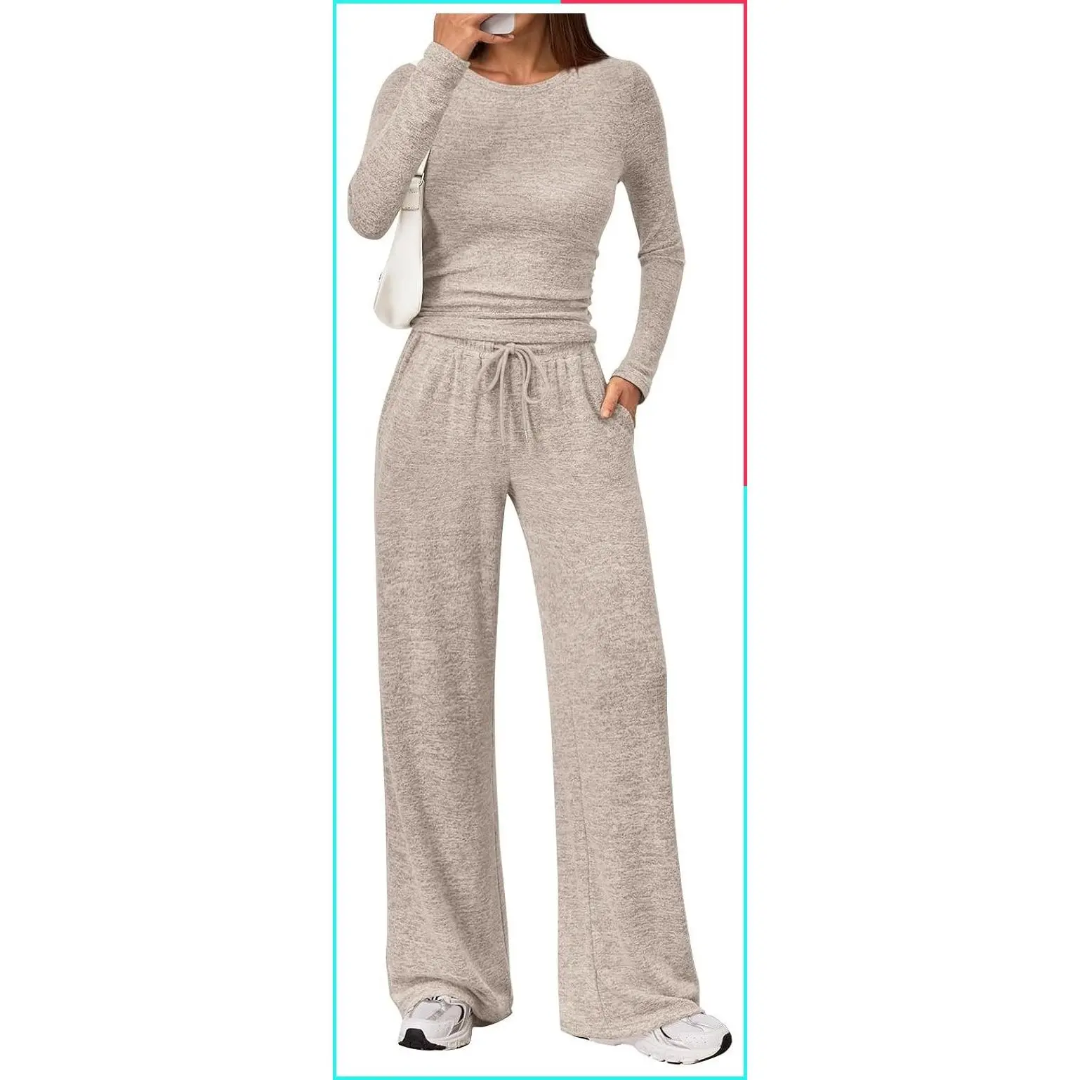 Women's 2-Piece Matching Lounge Set 2026 Fall Fashion - Long Sleeve Top & Drawstring Wide Leg Pants with Pockets, Comfortable Sweatsuit for Workout Gym Travel Vacation