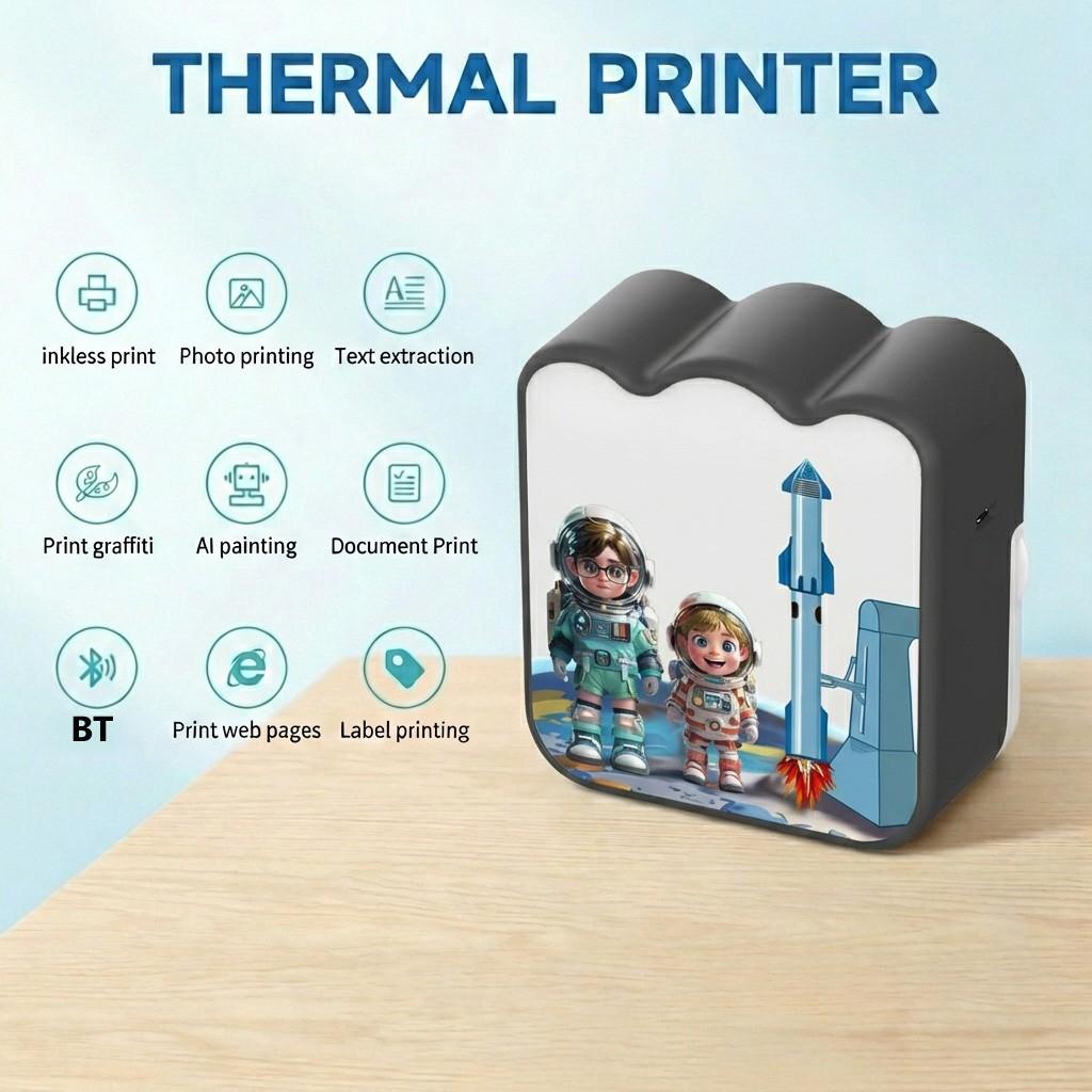 Portable Mini Label Printer for Home and Office, Wireless Bluetooth-compatible Inkless Photo Printing, Ideal Gift for Students and Kids