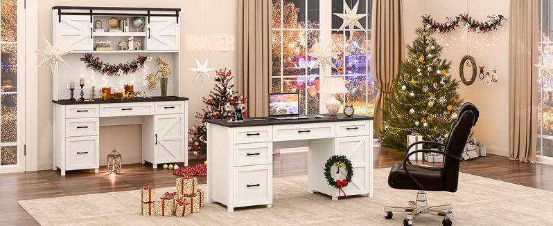 Vabches Farmhouse 61'' Executive Desk with 5 Drawers, Rustic Office Desk Computer Desk with Charging Station, File Drawers and Storage Cabinet, Wood Workstation for Home Office and Study