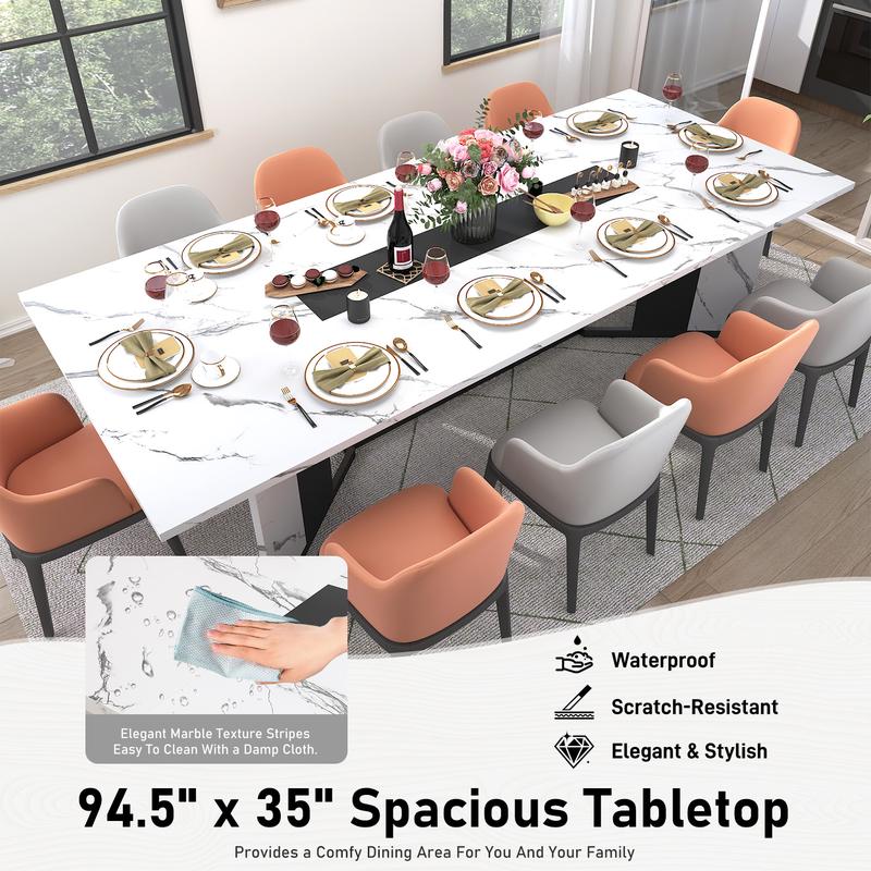 94In/78In/71In Large Rectangular Brown Dining Table for 4 5 6 7 8 People w/35 Marble-Color Wood Watrproof Tabletop,Adjustable Leg.6ft Luxurious Family Dinner Table for Office Kitchen Living Room (not included Chair)