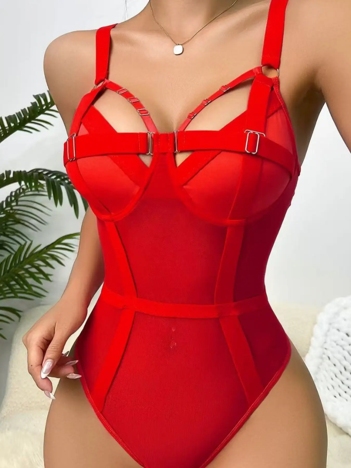 Women's Sheer Mesh Teddy Bodysuit - Ultra-Thin Strappy Lingerie with Convenient Split Crotch