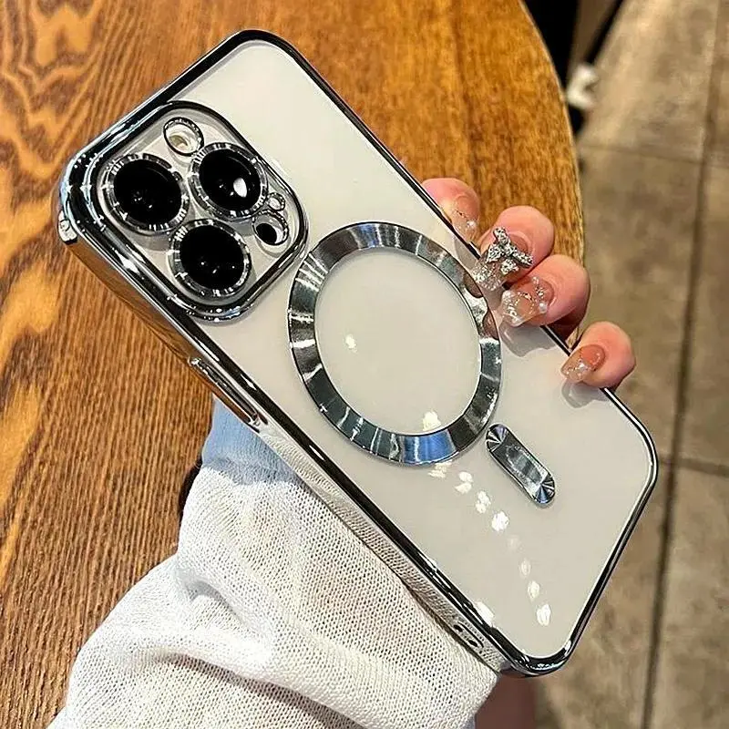 Luxury Transparent MagSafe Wireless Charging Half Wrapped Case for iPhone 18 Pro Max 17 Air 16 15 14 13 12 11,Magnetic Soft Silicone Casing, Matte Purple Gradient Glitter Bling, Shockproof Protection, Phone Accessories-A247