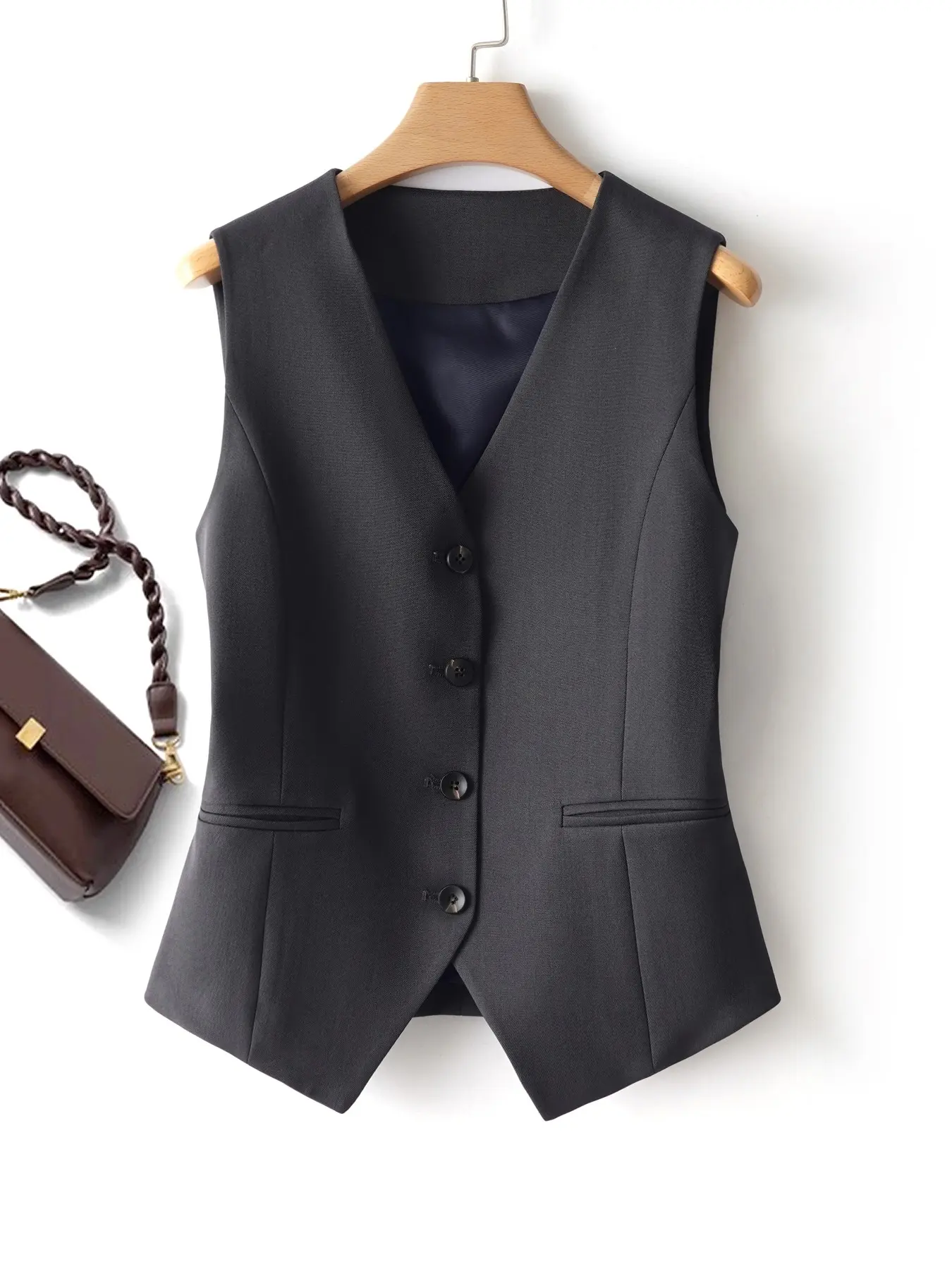French Vintage Minimalist Fitted Vest Waistcoat, Plain Button