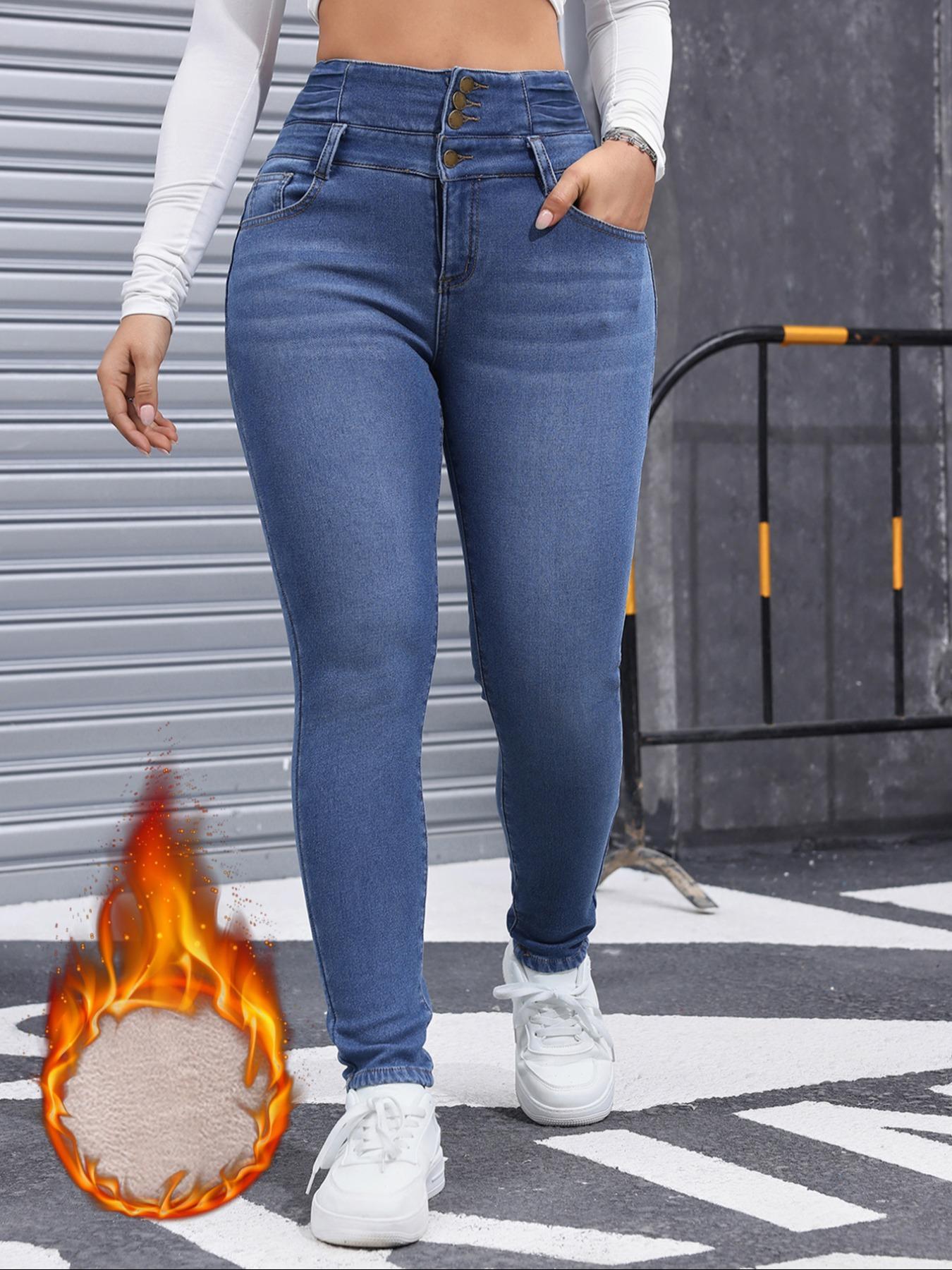 Women's Fleece-Lined Jeans, High Stretch Thick Woven Denim For Winter, Slimming, Fitted And Comfortable