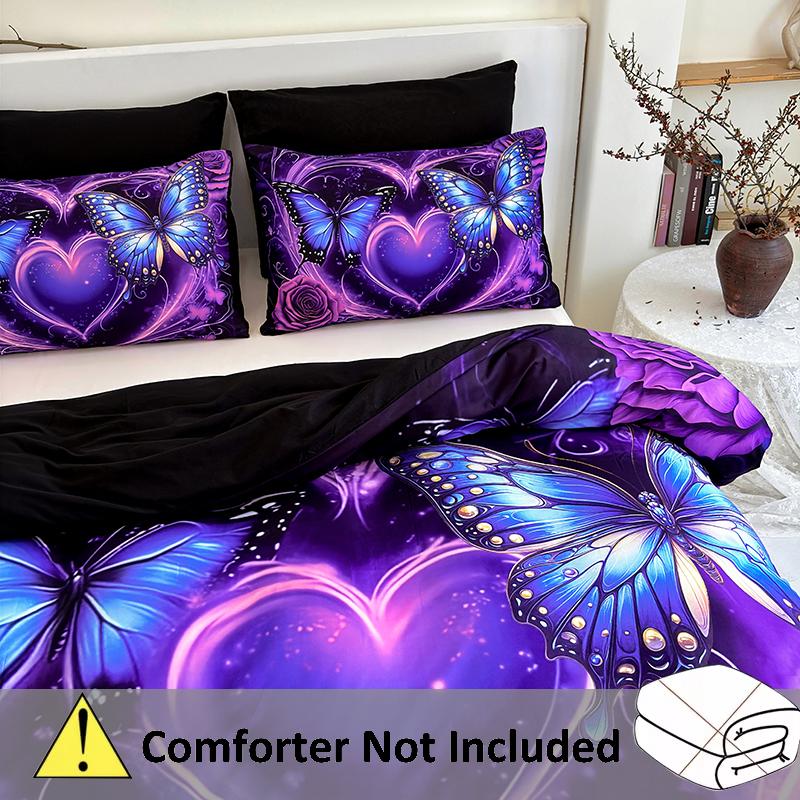 Elegant 3D Butterfly & Rose Bedding Duvet cover Set - Breathable Polyester Fabric with Zipper Closure, Machine Washable, All-Season Comfort - Includes 1 Duvet Cover and 2 Pillowcases (Without Pillow Core)