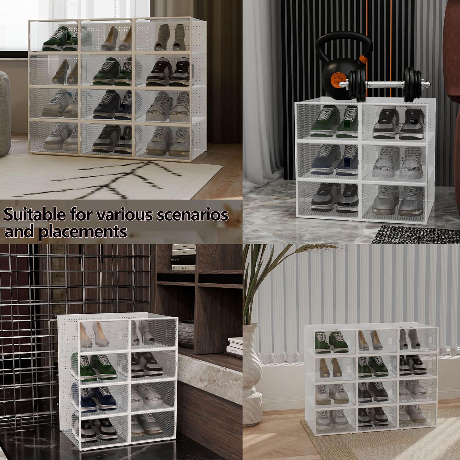 12Pcs Stackable And Foldable Shoe Boxes with LIDS - Clear, Waterproof Plastic Sneaker Storage Containers,Space Saving Shoe Rack,Substitute For Drawer Organize Unit, White multipurpose use