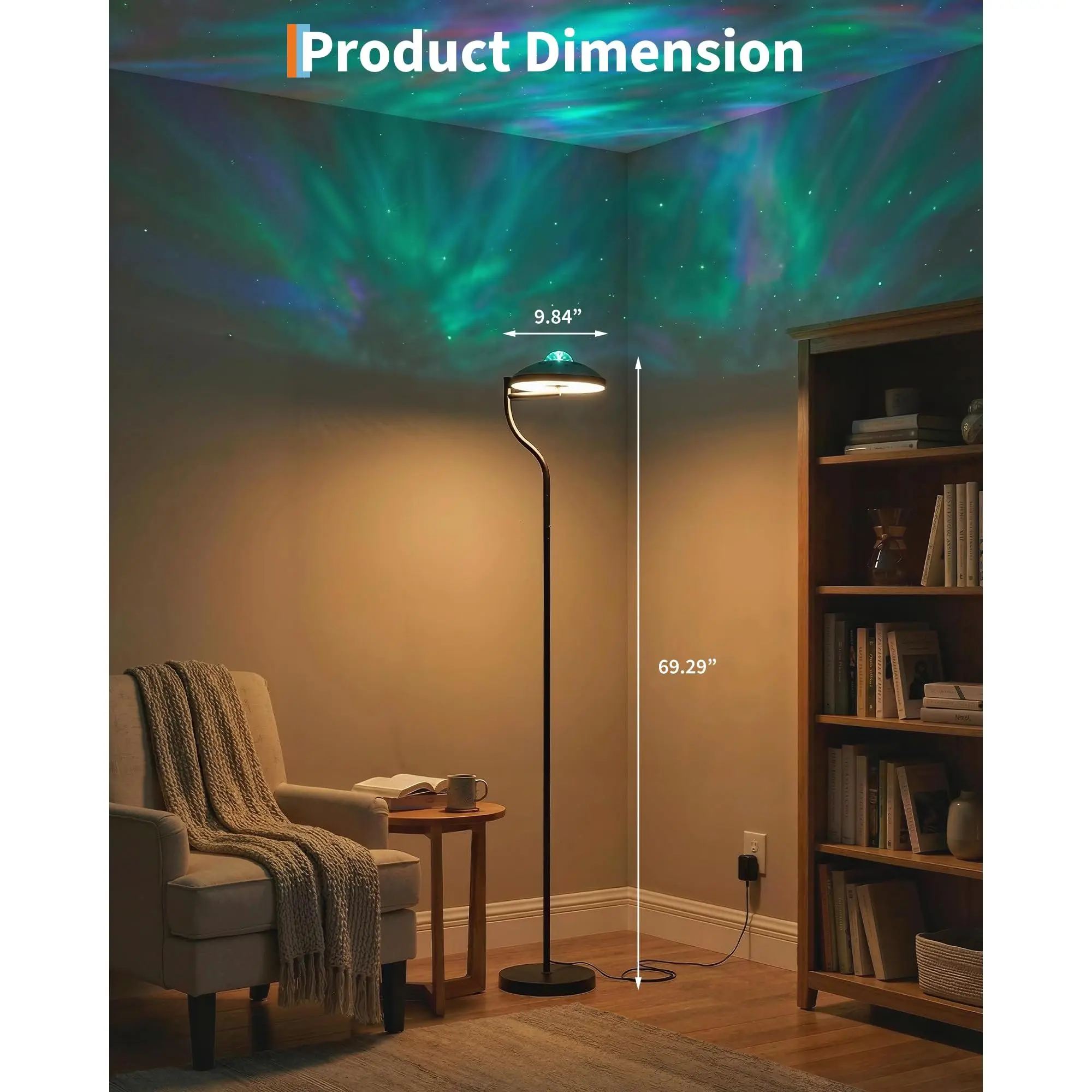 Three in one LED floor lamp with remote control -350 ° rotating RGB ambient lighting - Water wave and star projector - Flexible modern vertical torch suitable for offices, bedrooms or living rooms