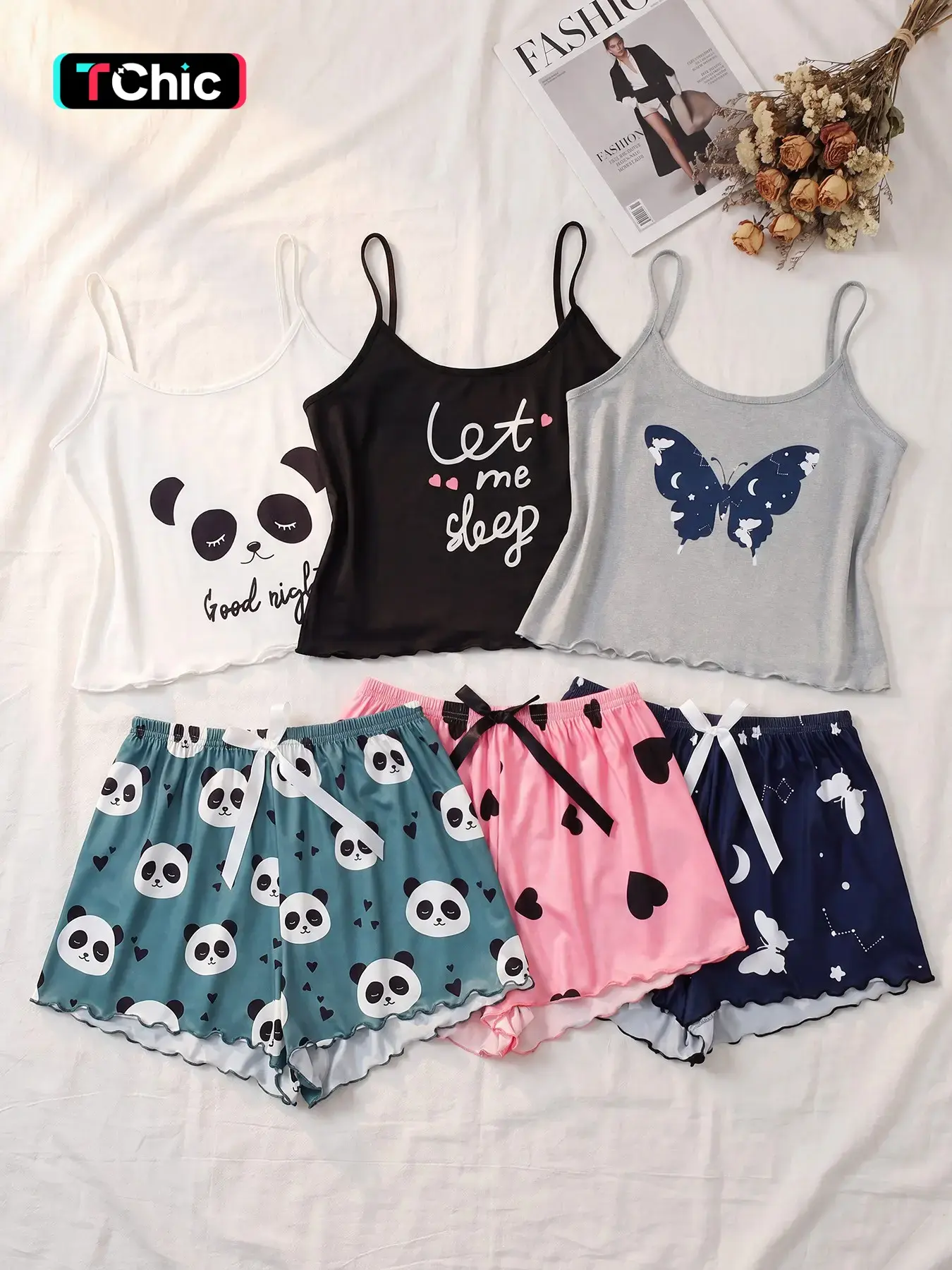 Three Sets Women's Spaghetti Strap Cami Top & Shorts Pajama Set, All Season Wear, Cute Panda Heart Butterfly Print, Ruffle Hem Bow Soft Girl Loungewear for Lounging, Naps and Aesthetic Home Photos