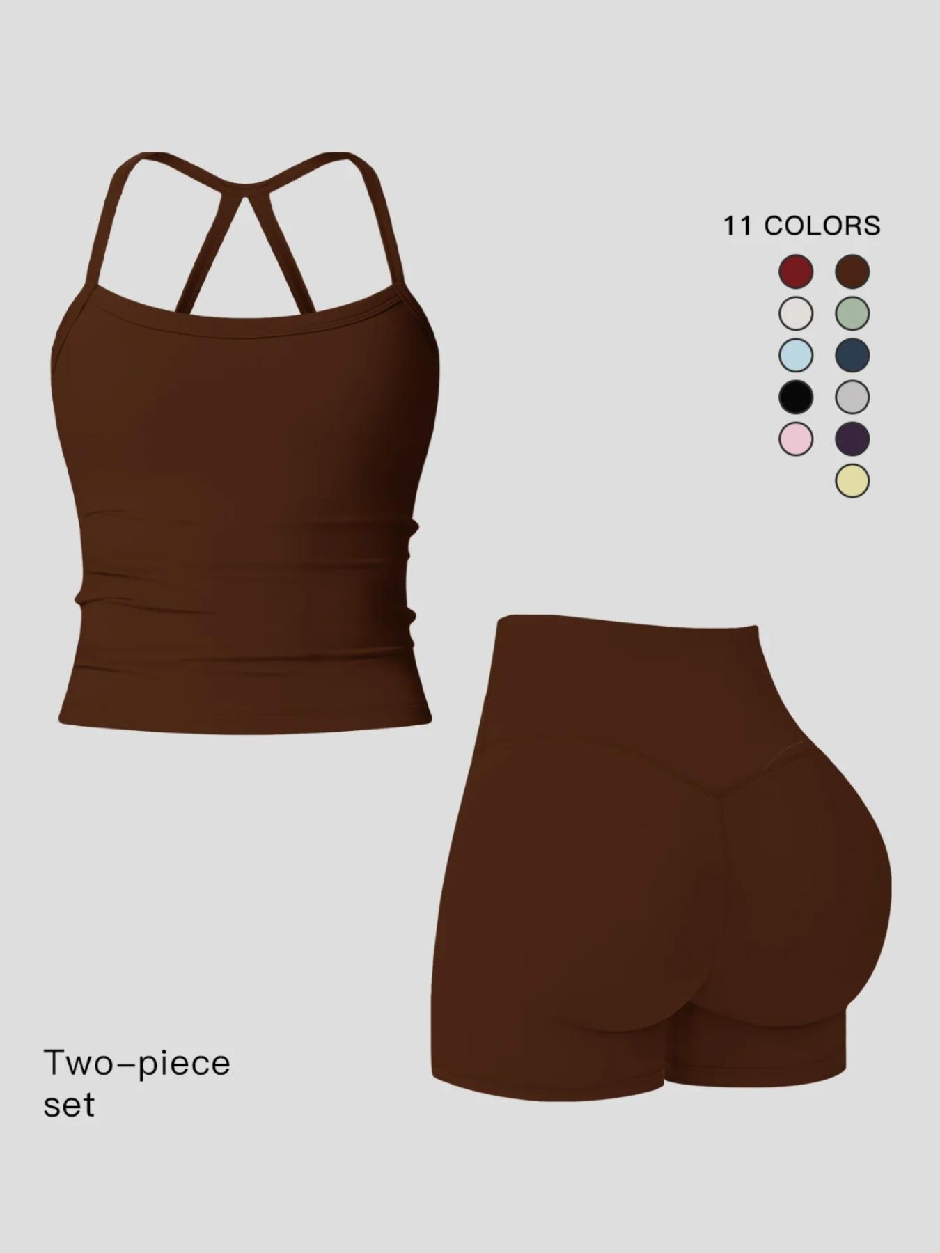 Women's Quick-Dry Two-piece Set, Active Sets, Sculpting Workout Outfit, Solid Backless Cami Top & High Waist Tummy Control Butt-Lifting Shorts, Ladies Sportswear for Indoor Outdoor Wear, Yoga Gym Running Wear, Activewear Yoga Fitness