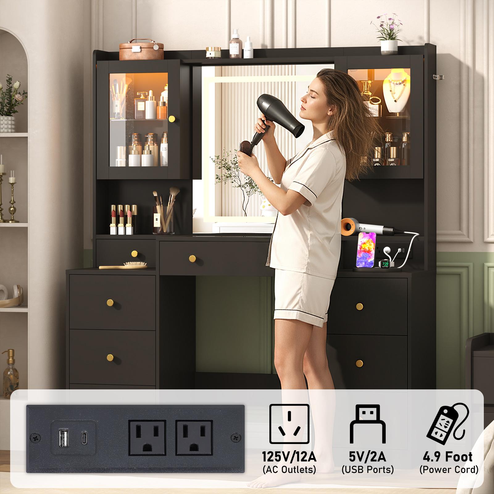 62" Large Vanity Desk w/ Tempered Glass Top,60000-color LED Lights,Power Outlet, Make up Vanity w/ 3 Lights Mode LED Mirror,2 RGB Cabinet LED Vanity Table for Women,Girls (White/Black)