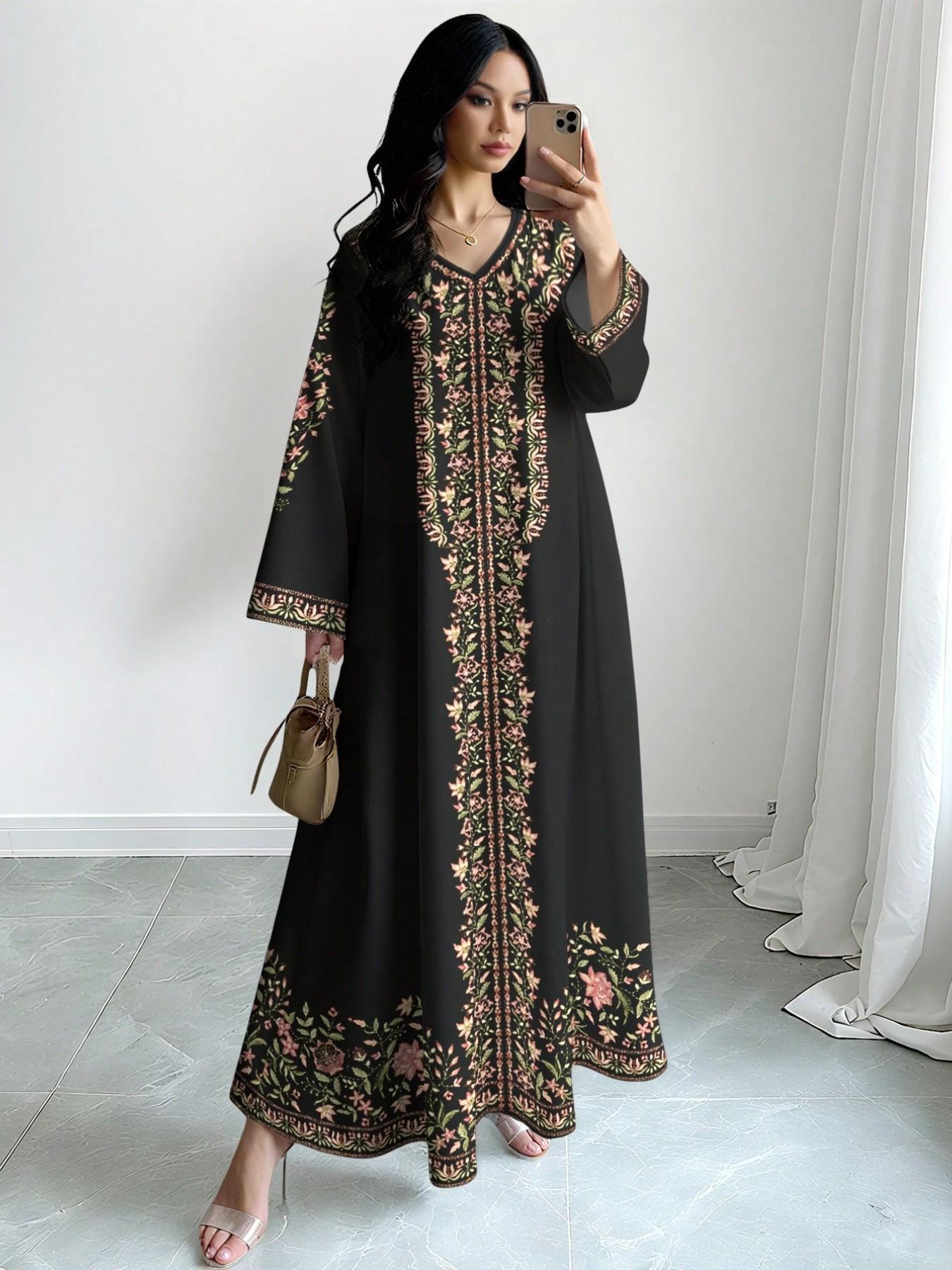 Elegant Muslim Long Dress for Women, Printed Abaya Robe, Floral Abaya, Formal Long Sleeve A-Line Dress, Stylish and Comfortable Islamic Fashion
