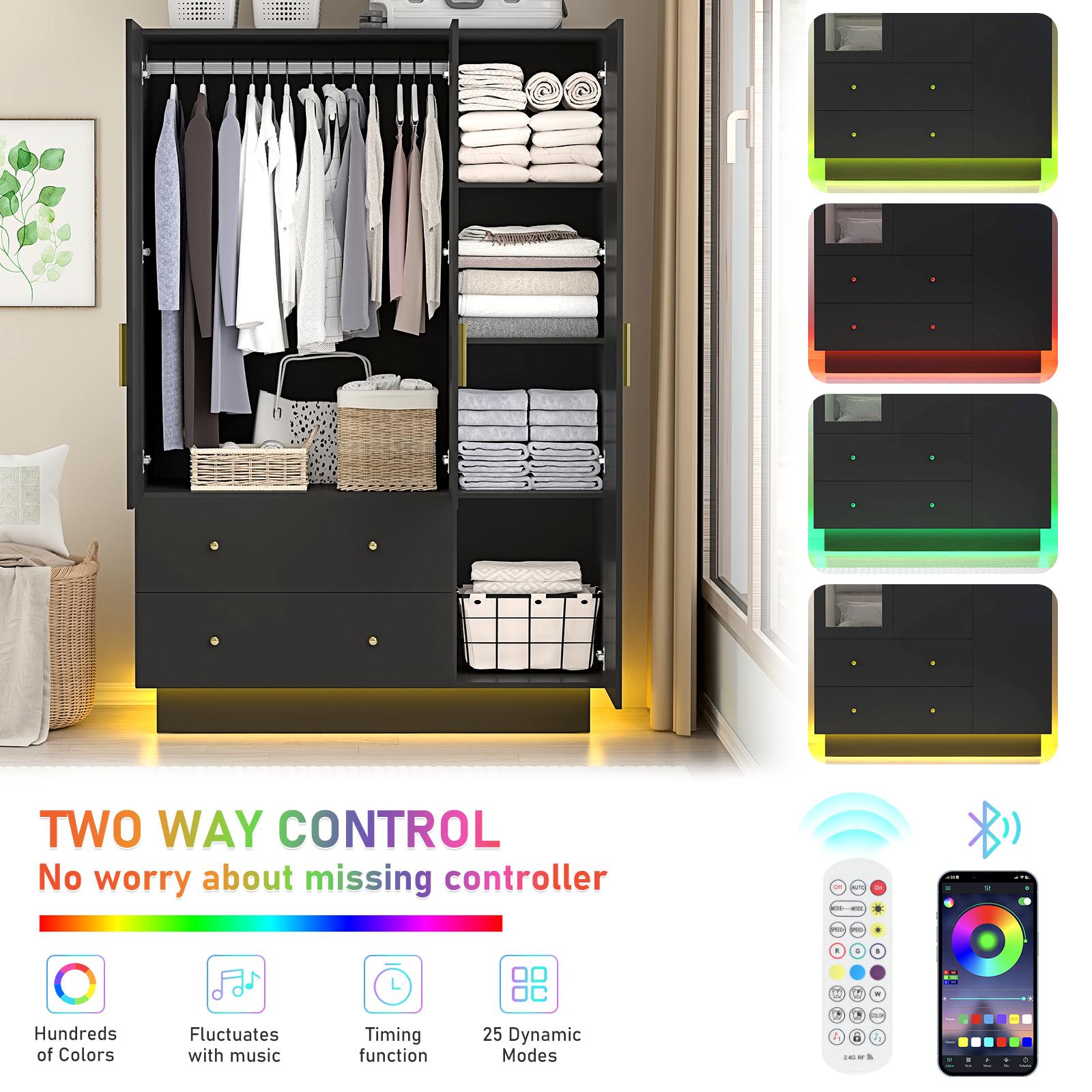 3 Doors Armoire Wardrobe Closet with Mirror, LED Armoire with Doors and Drawers, Wooden Armoire Storage Cabinet with Hanging Rod, Adjustable Shelves, (White/Black/brown）