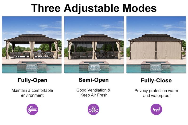 PURPLE LEAF Outdoor Hardtop Gazebo Bronze Metal Frame Galvanized Steel Double Roof with Curtains and Netting for Patio Desk Backyard