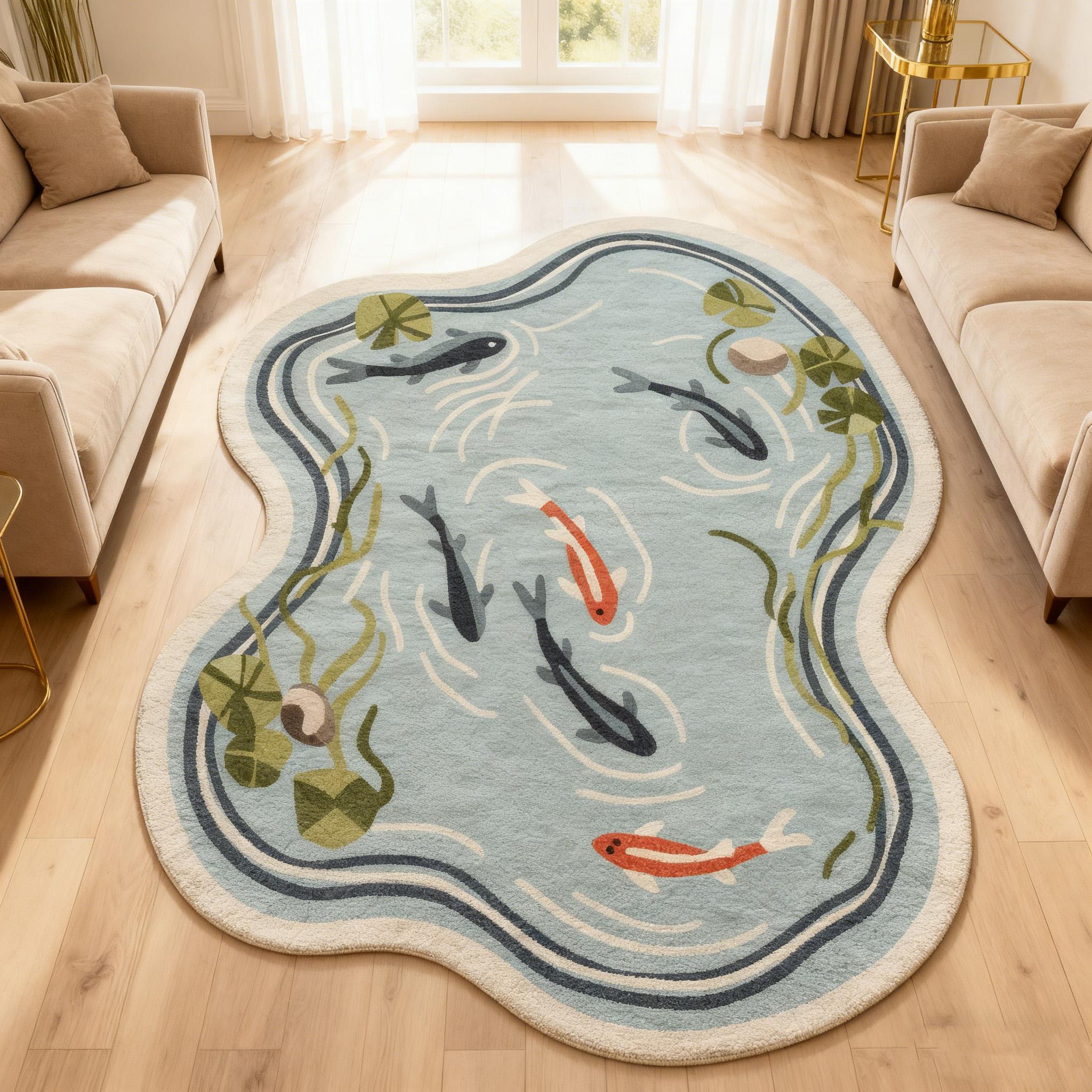 New Oriental Koi Pond Irregular Shape Carpet, Balcony Sunroom Natural Plush Mat, Lotus Leaf Water Grass Fish Pattern Home Decor Non-Slip Thick Rug, Botanical Area Rugs #TOP PICKS