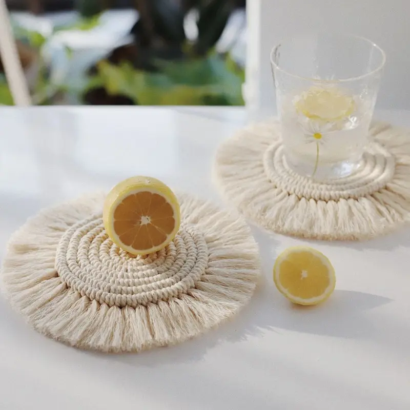 2pcs [Non-Slip] Round Braided Coaster with Tassels |   Handmade Macrame |   Non-Slip |   Bohemian Style