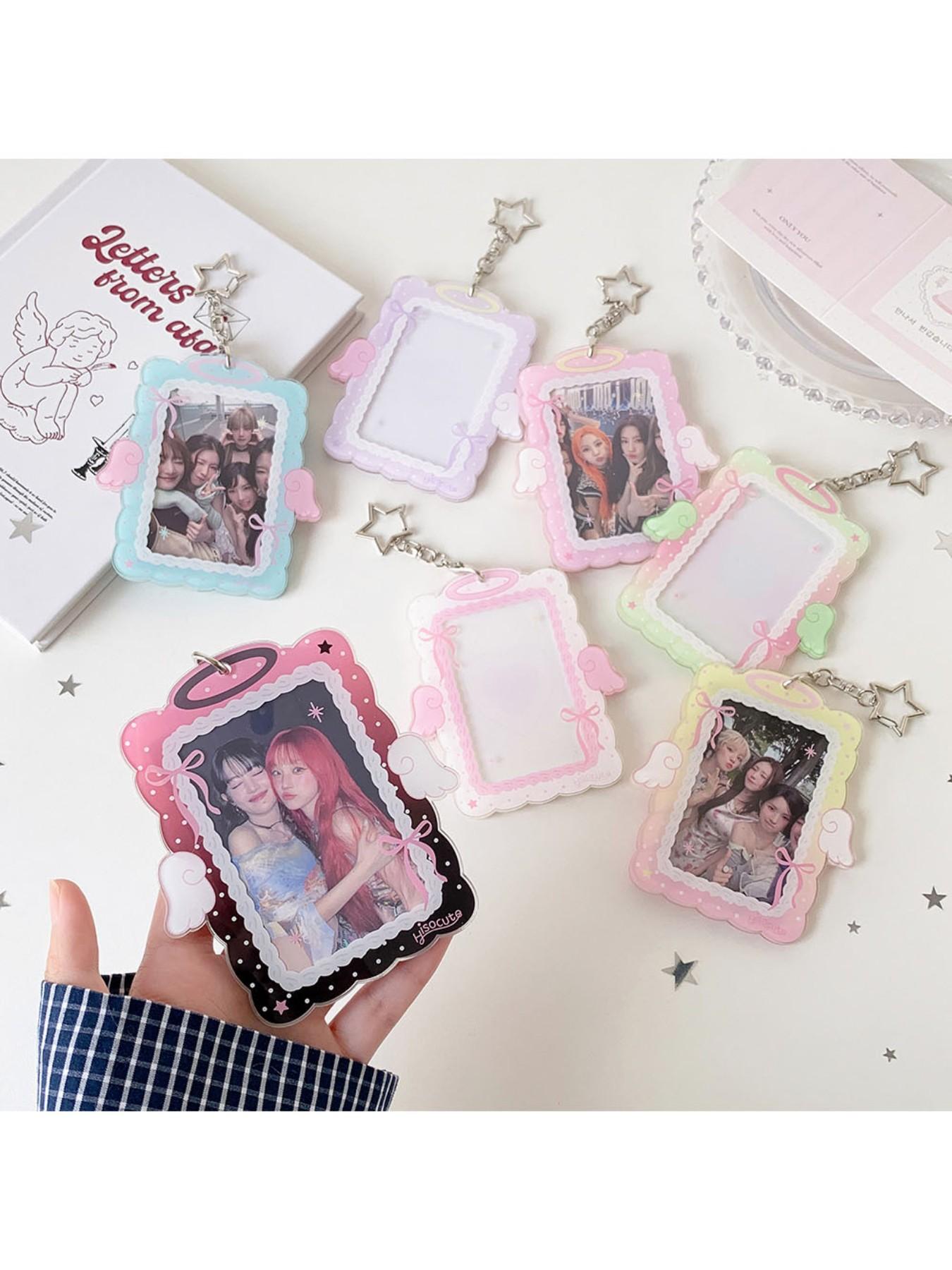 Sweet Girl 3 Inch Angel Wings Keychain Card Holder, Student Hollow Out Visible Small Card Display Case, Idol Fan Accessory, Id Holders For Badges, Id Badge Holder, Badge Accessories