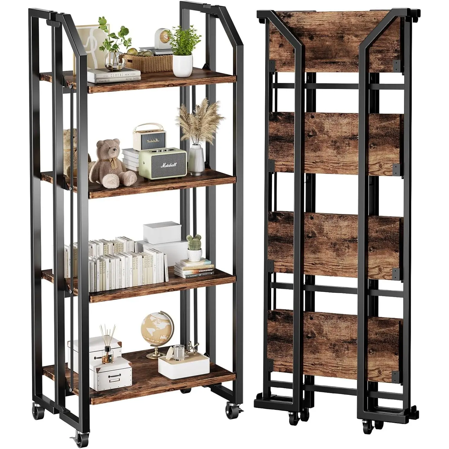 No Assembly Double-Sided Folding Bookshelf for Living Room, 4 Tier Collapsible Book Shelf for  Office, Portable Bookcase Storage Organizer