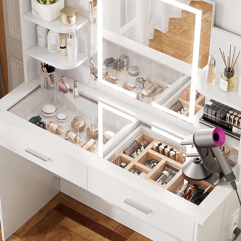 VOWNER Modern Makeup Vanity Desk with Lighted Mirror,2 Drawers,Cushioned Stool for bedroom, vanity mirror vanity table,Furniture Interior