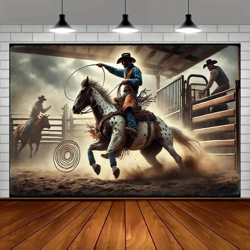 1Pc 2D Cowboy Rodeo Arena Polyester Banner - Multi-Color Optional Durable Hanging Party Decorations, Cowboy Scene Backdrop for Western Themed Parties, Home Garden Studio Photography