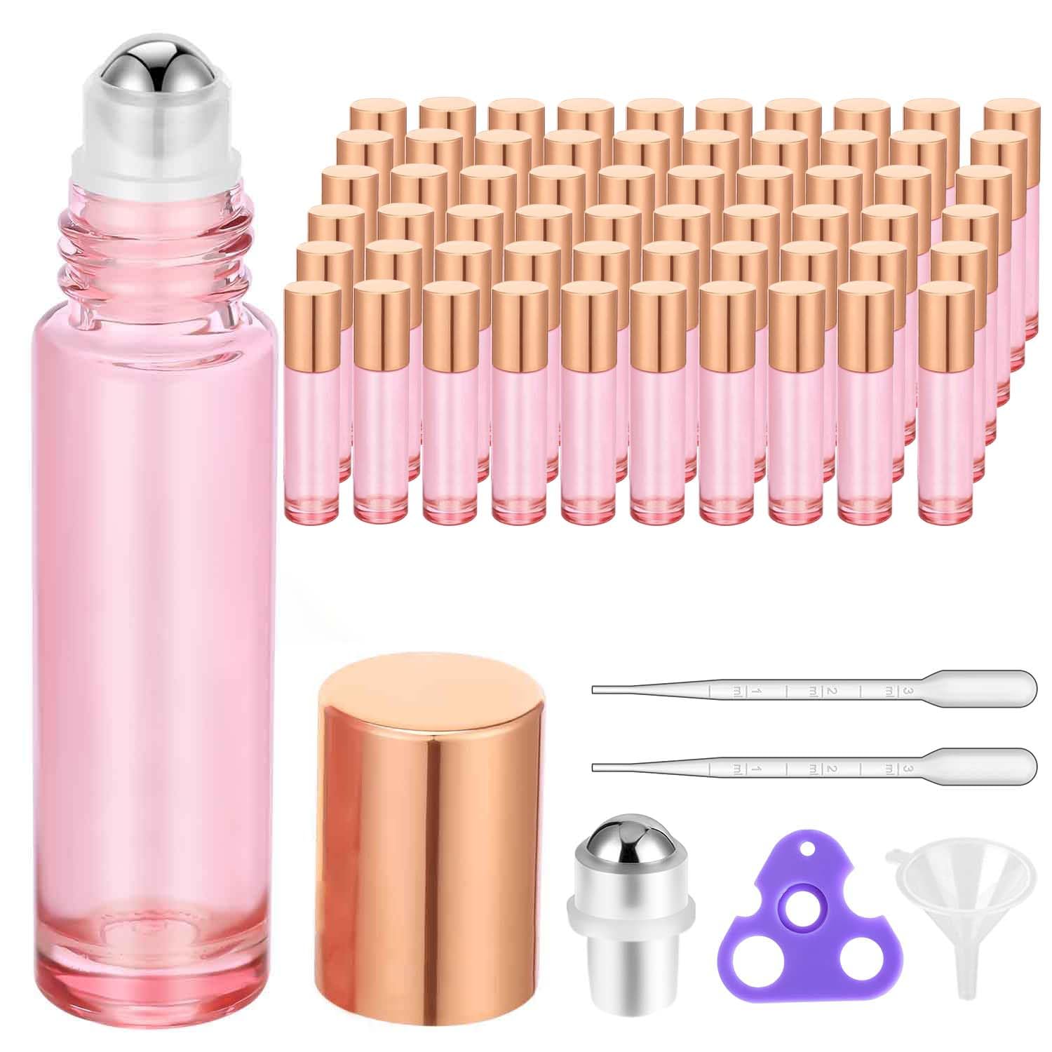 10 ml Rose Glass Roller Bottles for Essential Oils (with Extra Roller Balls, Labels, Opener, Funnels Essential Oil Roller Bottles for body oil perfume