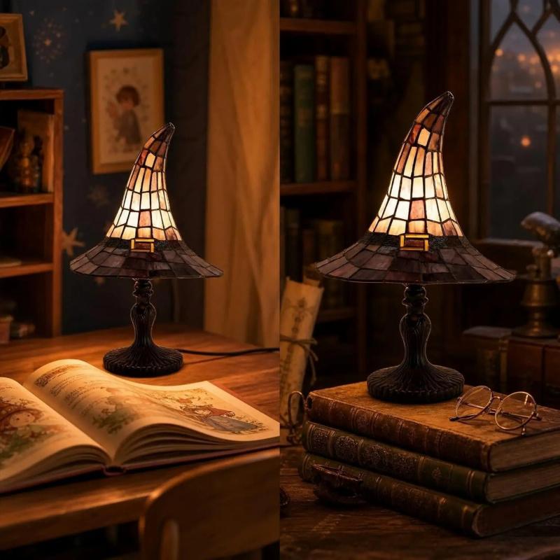 Colorful Glass Witch Hat Lamp, Handmade Vintage Resin Witch Light, USB Powered Magic Gothic Wizard Hat Nightlight, Spooky Halloween Home Decor Lamp, Bedroom and Bookshelf Decor Lamp, Decorative Lights